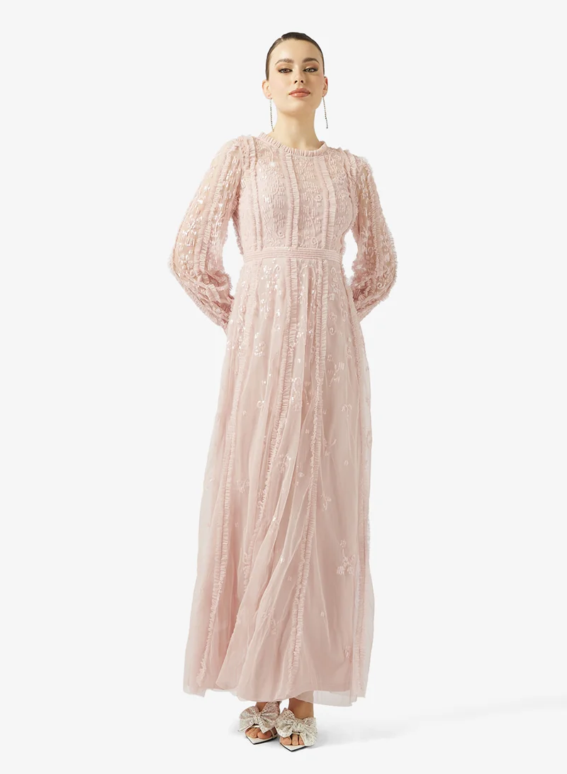 Namshi x Embellished Evening Dress With Sheer Sleeves